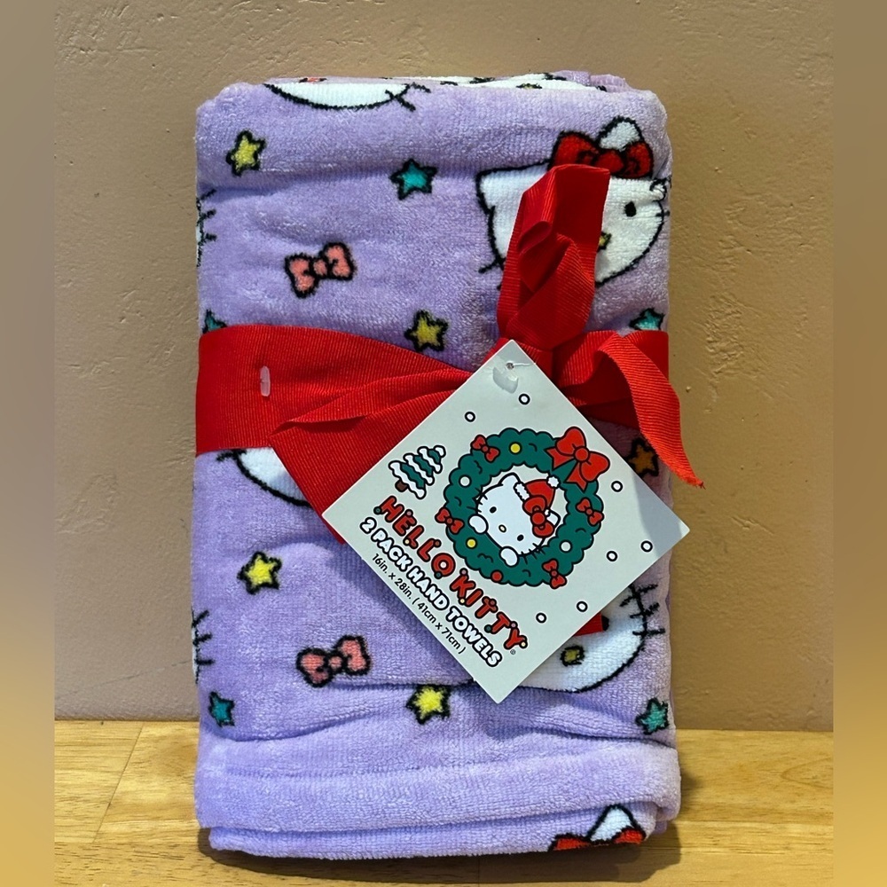 Hello Kitty 2 Pack Of Hand Towels Made By Sanrio. Purple + Bows & Stars. NWTS.